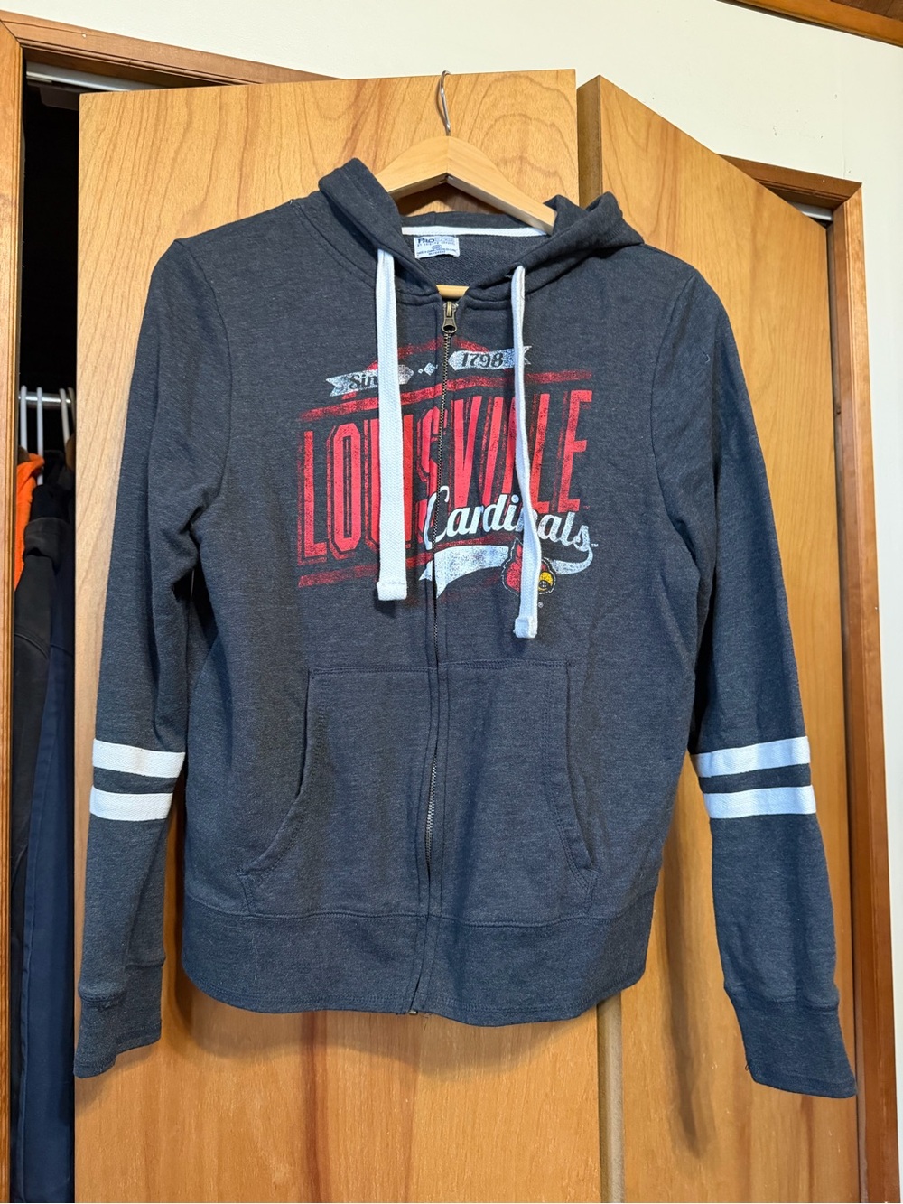 Knights Apparel Charcoal Full‑Zip Hoodie with White Stripes and Red Logo